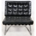 BARCELONA STEEL & BLACK LEATHER SLAT CHAIR, H 30", W 30", D 32"Tufted leather loose seat and back