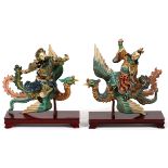 CHINESE HAND PAINTED GLAZED POTTERY MYTHOLOGICAL FIGURES 2, H 11 3/4 - 12", W 13"On stands.