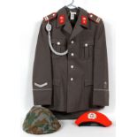 EAST GERMAN 'POST WWII' PARATROOP UNIFORM, (4)w/Jacket, slacks, metal helmet & red beret cloth