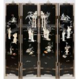CHINESE, HARD STONE, MOTHER OF PEARL AND LACQUER, FOUR PANEL SCREEN, H 74", W 17" PANELS, 70"