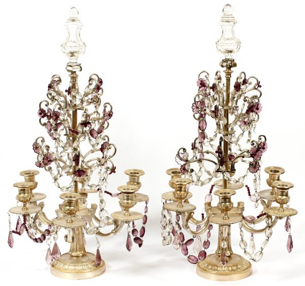 FRENCH CRYSTAL & SILVERPLATE ELECTROLIERS, 19TH C., PAIR, H 24"A pair of six arm silvered metal