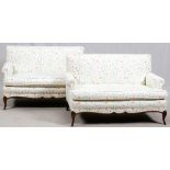 WALNUT AND UPHOLSTERED PAIR LOVESEATS H 31" W 51"From 80 Lakeshore Dr. Depth 30".- For High