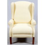 YELLOW UPHOLSTERED AND MAHOGANY WING BACK ARM CHAIR H 40'', W 30'' D 36''Winged back arm chair