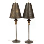 CAST AND WROUGHT METAL HALL LAMPS, PAIR, H 34''With metal shades. Round cast metal base. Brass