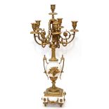 FRENCH GILT METAL & MARBLE SIX-LIGHT CANDELABRUM, 19TH.C. H 27",White marble urn-form shaft and