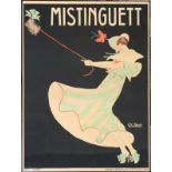 GEORGES KUGELMANN BENDA (FRENCH), COLOR POSTER, EARLY 20TH C., H 60", W 45", 'MISTINGUETT'Framed