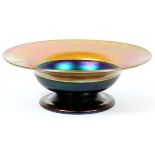 GOLD & BLUE FAVRILE STYLE GLASS BOWL, H 2", DIA 6"A round glass bowl of gold with blue center and