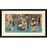 TOYOKUNI, JAPANESE WOODBLOCK TRIPTYCH, H 14.5", L 20" TWO FIGURESDepicting an interior scene with