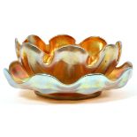 L. C. TIFFANY GOLD FAVRILE GLASS 'QUEEN' FINGER BOWL & STAND, DIA 6"Floriform gold Favrile glass