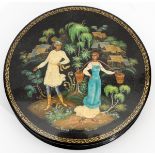 RUSSIAN LACQUER BOX, DIA 4", SOVIET ERARound with removable cover depicting a Russian folklore