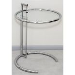 AFTER EILEEN GRAY, CHROME & GLASS ADJUSTABLE END TABLE, H 26", DIA 20"A modern chrome side table; no