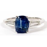 2.55 CT SAPPHIRE AND PLATINUM RING, SIZE 7 1/2A 2.55ct blue sapphire flanked by two tapered baguette