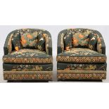 HENREDON, UPHOLSTERED BARREL BACK ARM CHAIRS, PAIR, H 28'', W 29''Dark green with cranes and