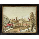 PRIMITIVE FRAMED NEEDLEPOINT, H 19", W 15"A European landscape. No signature or markings noted.