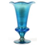 QUEZAL IRIDESCENT GLASS VASE, H 8 1/2"Blue iridescent glass, trumpet-form with scalloped rim and