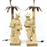 CHINESE FIGURAL LAMPS, TWO PIECESTwo lamps, one depicting man holding bird in his hand and the