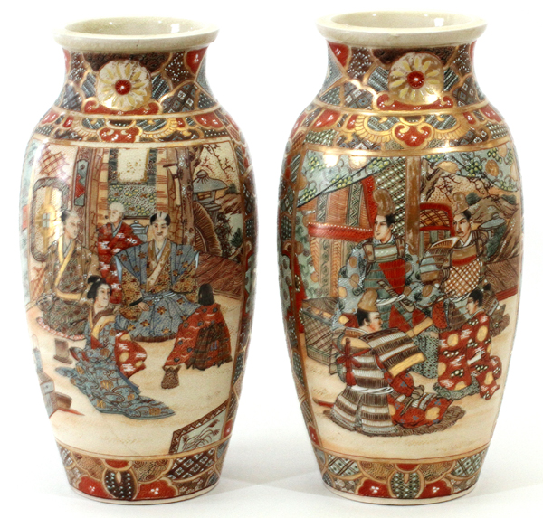 JAPANESE SATSUMA EARTHENWARE POTTERY VASES, C. 1900, PAIR, H 12", DIA 5"Depicting a seated samurai - Image 2 of 3