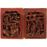 CHINESE CARVED WOOD RELIEF PLAQUES, 19TH.C., PAIR, H 10 3/4", W 7 3/4"Glazed in red with faint