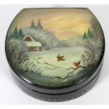 RUSSIAN LACQUER HINGED BOX, W 3 1/4"Half-moon shape, the hinged cover is decorated with a winter