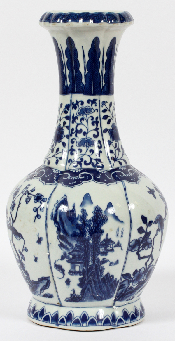 CHINESE BLUE AND WHITE PANELED PORCELAIN VASE H 13 1/2" DIA 8"having a flared rim and long neck