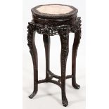 CHINESE CARVED TEAKWOOD AND MARBLE TOP PEDESTAL, H 36"having an inlaid marble top with carved