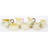 BELLEEK PORCELAIN CREAMERS & SUGAR BOWL, C. 1891-1946, SEVEN PIECES, H 2"-3 1/2"Including 6 cream