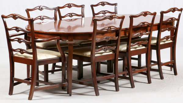 MAHOGANY DINING TABLE & CHAIRS (8), C. 1940, PLUS TABLE BOARDS (2)Federal style mahogany dining