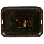 ANTIQUE TOLE TRAY, H 20", L 27"Hand painted, black metal serving tray; depicts two figures