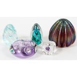 GLASS PAPERWEIGHTS LOT OF FIVE H 4" - 1 1/2"One iridescent H 4" signed Robert Held.All in good