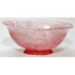 CHINESE CARVED ROSE QUARTZ BOWL, H 2 1/2", W 6"An irregular rim, on a short pedestal foot.- For High