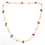 10CT NATURAL RUBY AND DIAMOND YARD NECKLACE, L 40 1/2"A 14kt yellow gold necklace with 10.00ct
