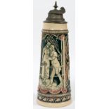 GERMAN MAGNUM POTTERY STEIN, H 14.75"Marked 102, ' In the morning with beer afterwards with wine'