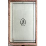 J L HUDSON WINDOW, H 85" W 54"Frosted glass with stylized 'JLH' logo inside an oval in black.