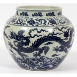 CHINESE BLUE AND WHITE PORCELAIN PLANTER DRAGON DESIGN H 8" DIA 10"having dragon designs, cloud