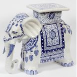 CHINESE BLUE AND WHITE PORCELAIN ELEPHANT GARDEN SEAT H 18" L 21"Blue and white raised design.