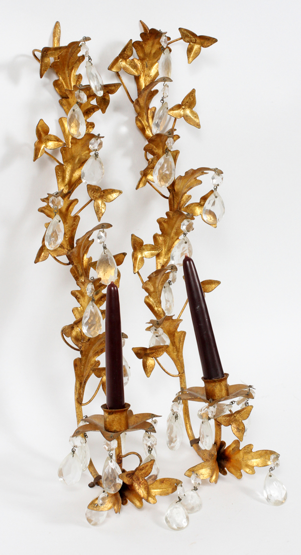 ITALIAN GILT METAL & CRYSTAL PRISM TWO-LIGHT SCONCES, PAIR, H 20", W 4 1/2"Circa 1940.Good - Image 2 of 2