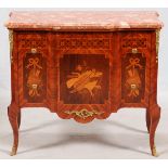 FRENCH FRUITWOOD AND MARBLE COMMODE, C. 1900, H 34", W 39", D 19"An inlaid fruitwood commode, bronze