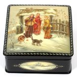 RUSSIAN LACQUER HINGED BOX, W 4 3/4"Square box with hinged cover decorated with three young women, a