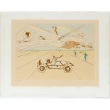 AFTER DALI LITHOGRAPH #46/450 H 17" W 22"Surreal image of gilt automobile, flying eagles, lady in