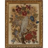 FRAMED NEEDLEPOINT, H 30", W 23"A perched bird in a flowering tree, measuring H.25" x 19". No