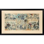 TOYOKUNI, JAPANESE ANTIQUE WOODBLOCK TRIPTYCH, H 14", L 29"Depicting a male and female figure with