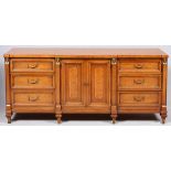 CENTURY EMPIRE MAPLE TRIPLE DRESSER, H 32", W 72", L 19"Four ladies masks on the tops of the front