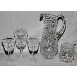 CUT GLASS WATER PITCHER, JAM DISH ,3 STEMMED GLASSESstemware (3), one pitcher 10" H and one honey