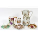 HAND PAINTED PORCELAIN CUPS AND SAUCERS (3), MUG, PITCHER FIVEOne Vienna, Limoges, etc. includes