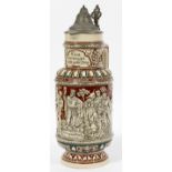 GERMAN MAGNUM POTTERY STEIN, H 13.75"The scene includes a barrel marked 1900, 'Drink and sing and be