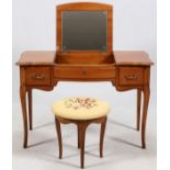 CHERRY DRESSING TABLE & STOOL, C. 1950Center lifts to reveal a mirror mounted on underside. Round