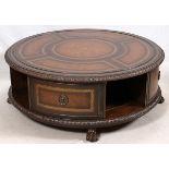 MAITLAND-SMITH LEATHER TOP AND MAHOGANY COFFEE TABLE, H 20", DIA 54"