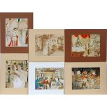 A. NOEL, WATERCOLORS, 6 PIECES, H 20", W 16", "FROM DISNEY SCENES"Matted, not framed. Includes