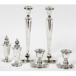 AMERICAN STERLING CANDLESTICKS & SHAKERS, SIX PIECES, H 2 3/4"-9"All pieces have weighted bases.