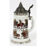 GERMAN REGIMENTAL PORCELAIN STEIN, H 9"Having a lithopane base depicting a nude female figure and